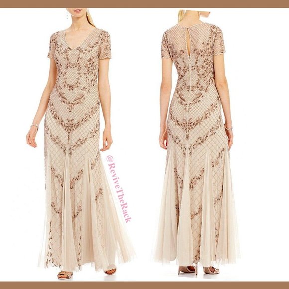 NEW Adrianna Papell Floral Beaded‎ Mesh Mermaid Gown in Biscotti [SZ 8 ] - Picture 8 of 9